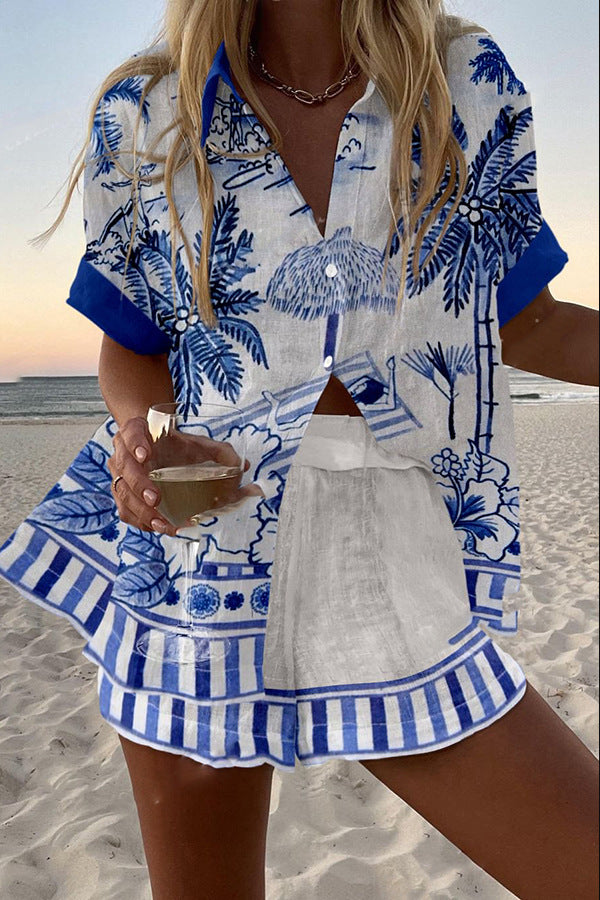 Zanika™ | Linen Short Set with Palm Tree Print