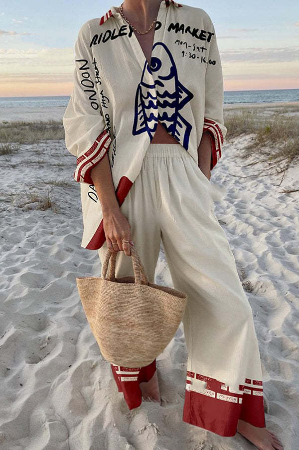 Rounelle™ | Blue Fish Print Linen Set