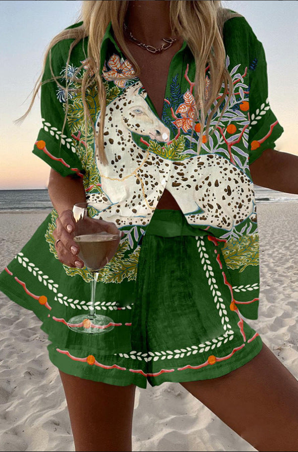 Céphira™ | Linen Short Set with Horse Print