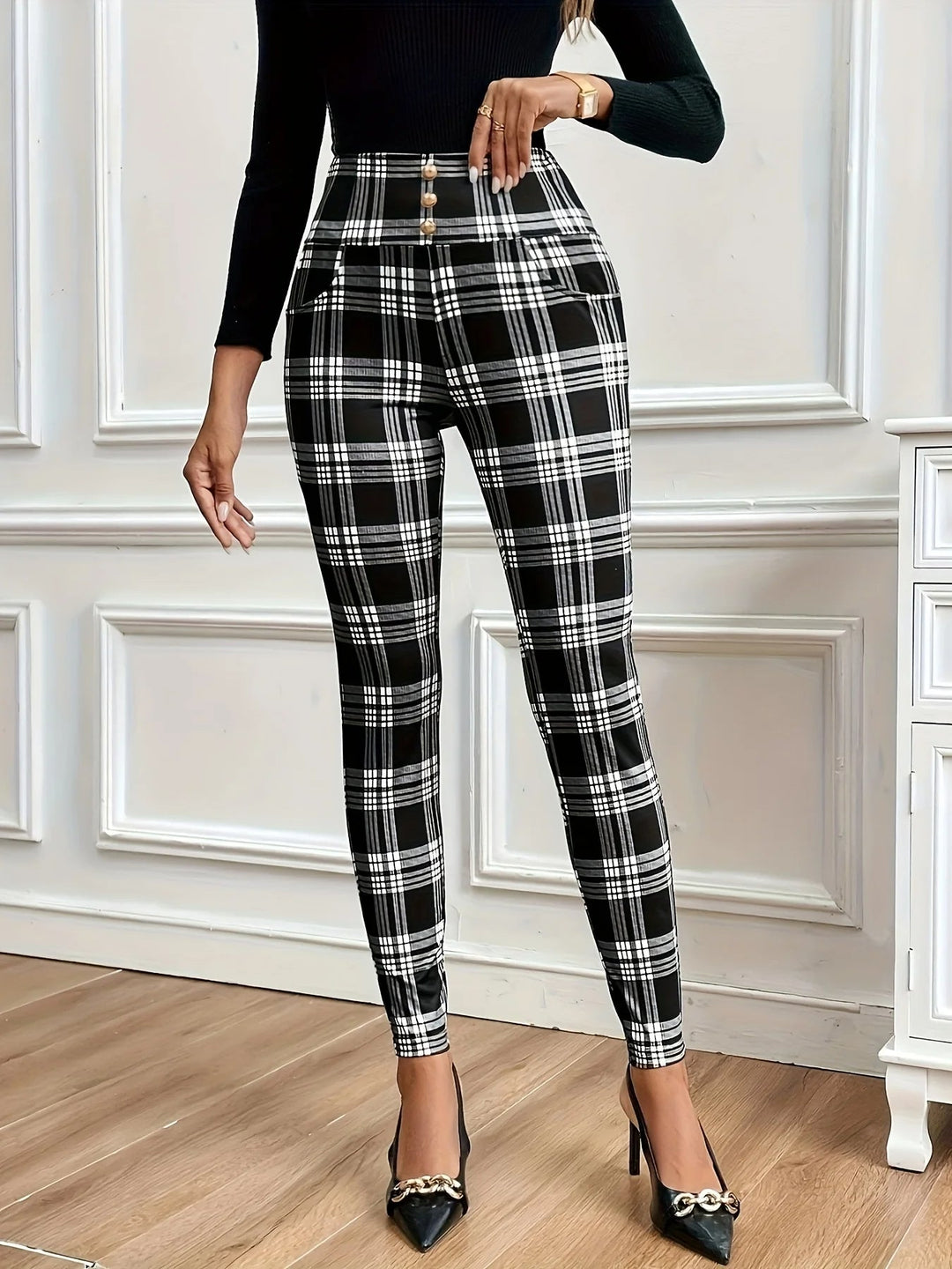 Leggings à carreaux taille haute 