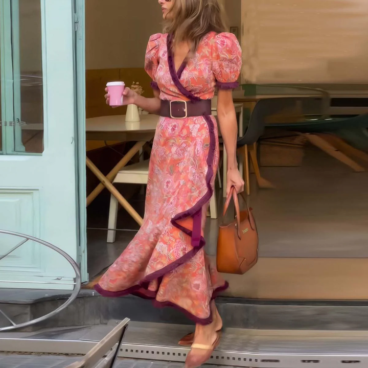 Sophie | Robe Maxi Rose Élégante avec Manches Courtes 