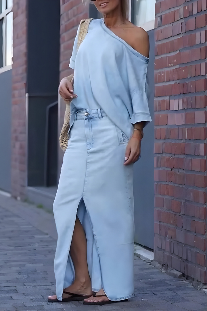 Milou™ | Women's Diagonal Shoulder Top with Split Long Skirt