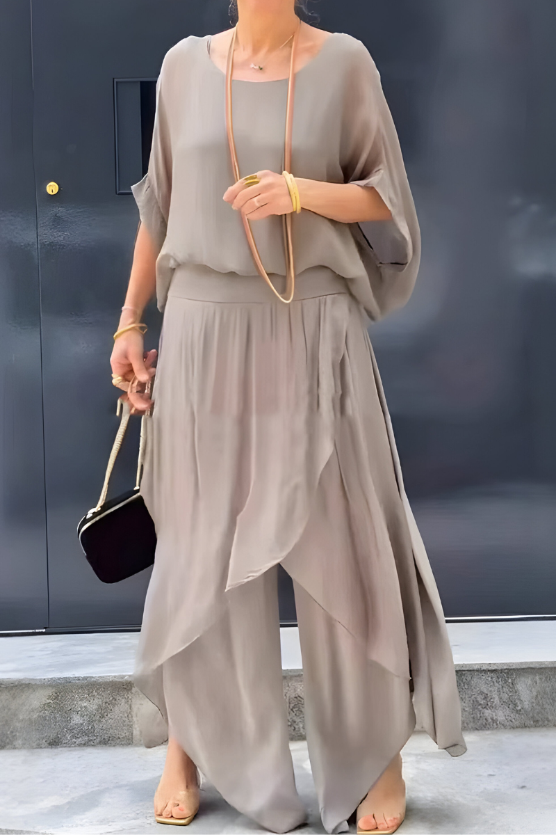 Carlotte™ | Loose-fitting top & wide pants with slit – chiffon two-piece set