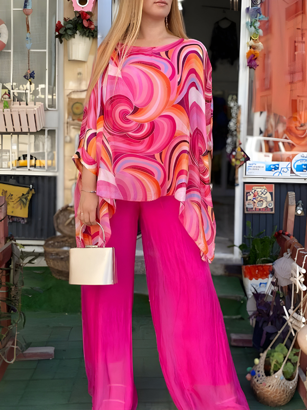 Nicole™ | Ensemble en chiffon coloré avec col rond et imprimé, style décontracté 