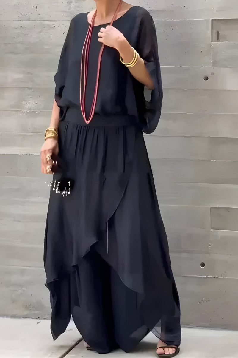 Carlotte™ | Loose-fitting top & wide pants with slit – chiffon two-piece set