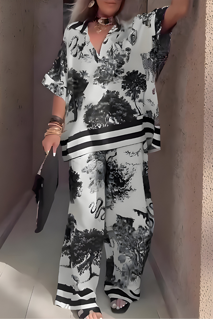 Mila™ | Haut imprimé à col en V avec pantalon long 