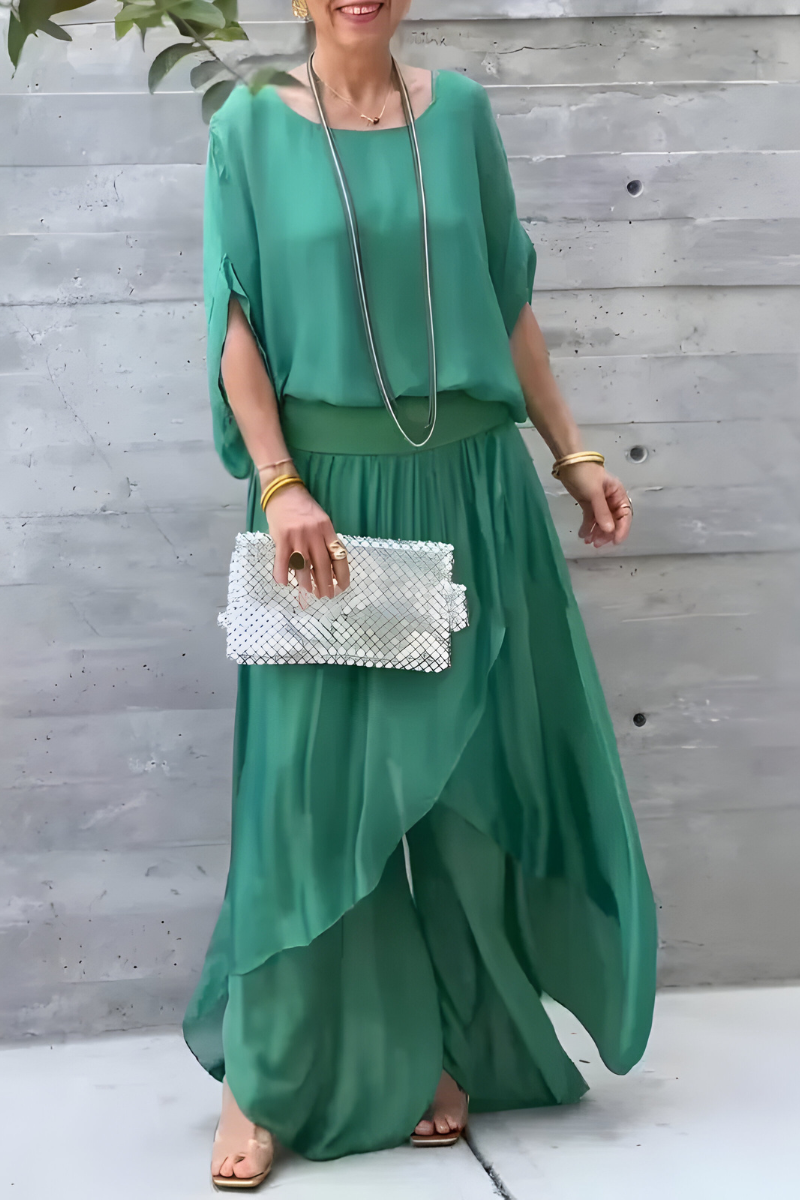 Carlotte™ | Loose-fitting top & wide pants with slit – chiffon two-piece set