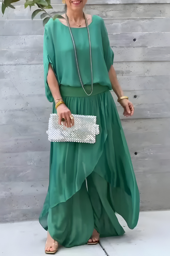 Carlotte™ | Loose-fitting top & wide pants with slit – chiffon two-piece set