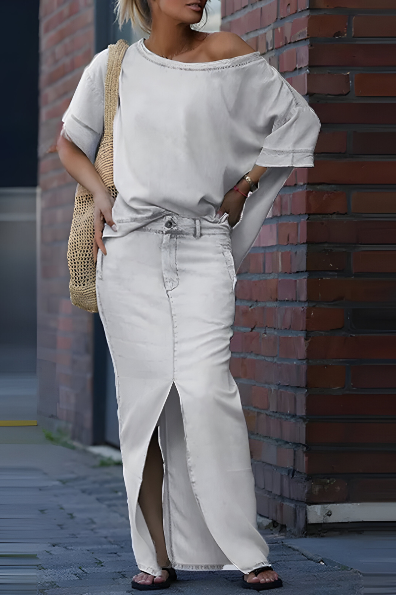 Milou™ | Women's Diagonal Shoulder Top with Split Long Skirt
