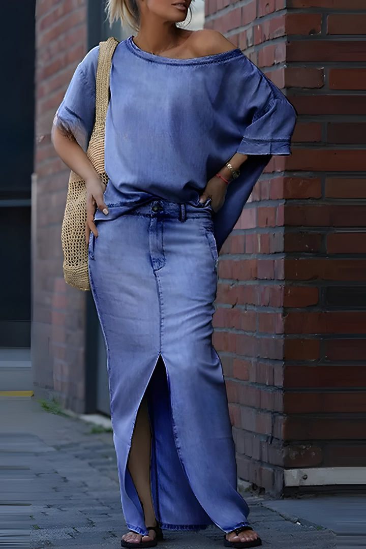 Milou™ | Women's Diagonal Shoulder Top with Split Long Skirt