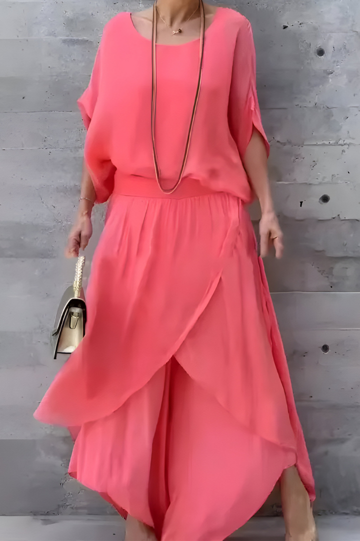 Carlotte™ | Loose-fitting top & wide pants with slit – chiffon two-piece set