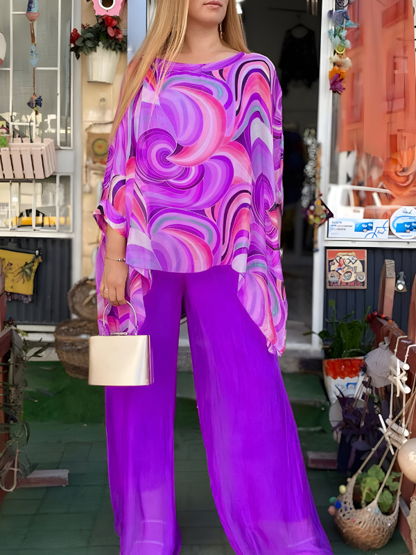 Nicole™ | Ensemble en chiffon coloré avec col rond et imprimé, style décontracté 