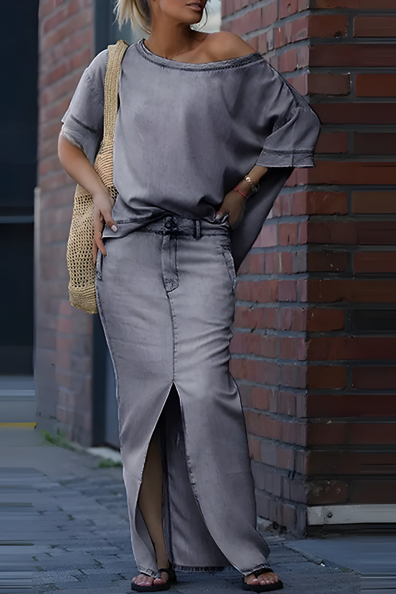 Milou™ | Women's Diagonal Shoulder Top with Split Long Skirt