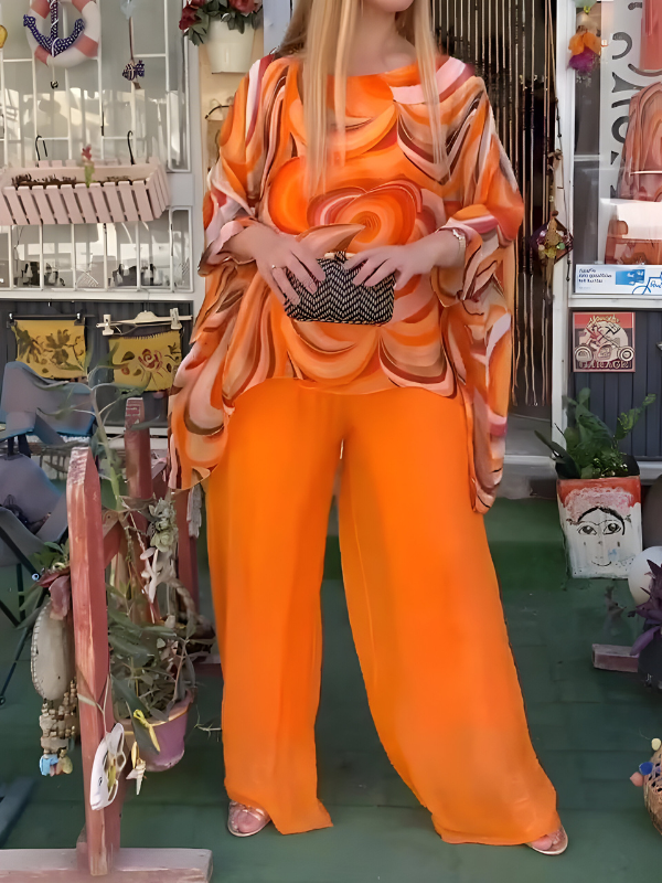 Nicole™ | Ensemble en chiffon coloré avec col rond et imprimé, style décontracté 