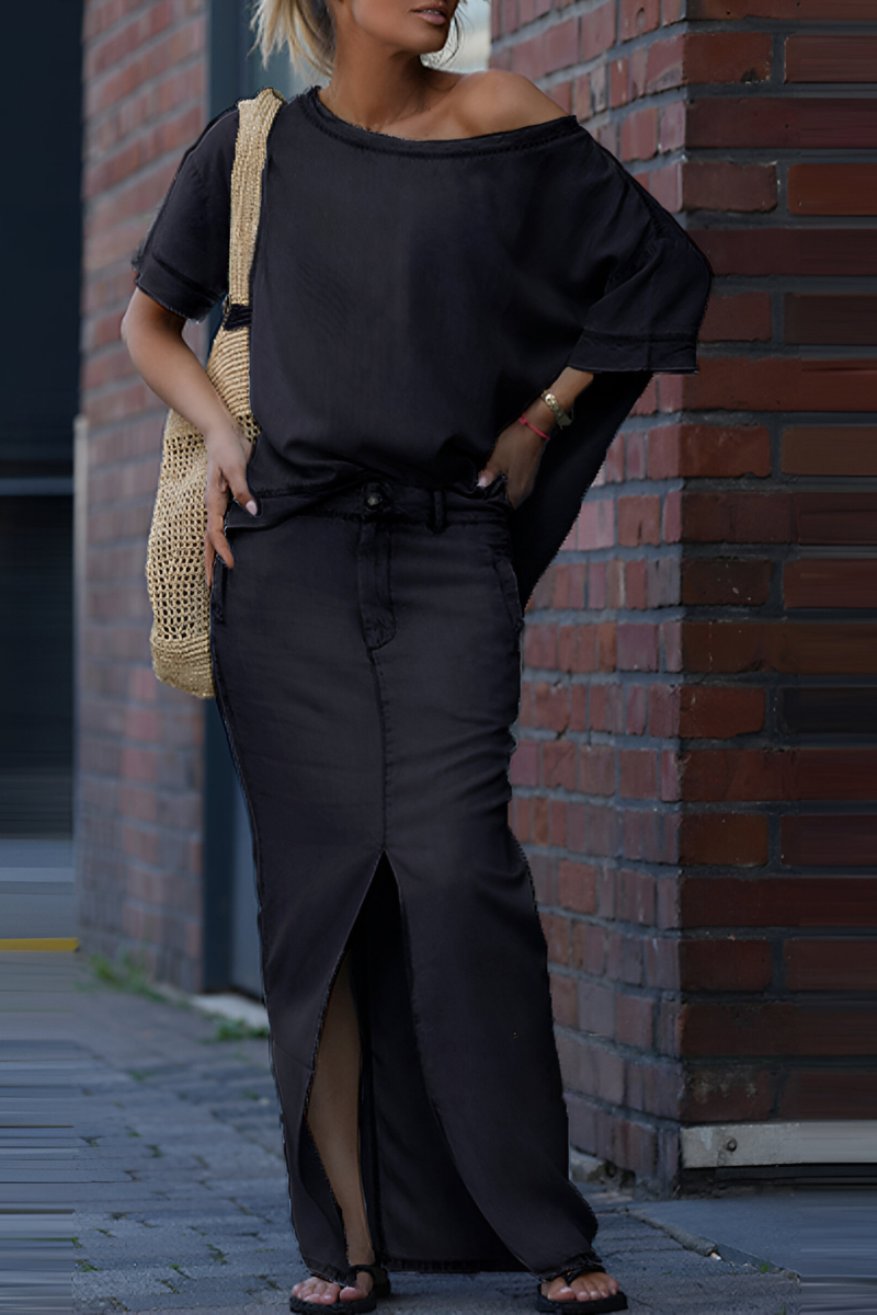 Milou™ | Women's Diagonal Shoulder Top with Split Long Skirt