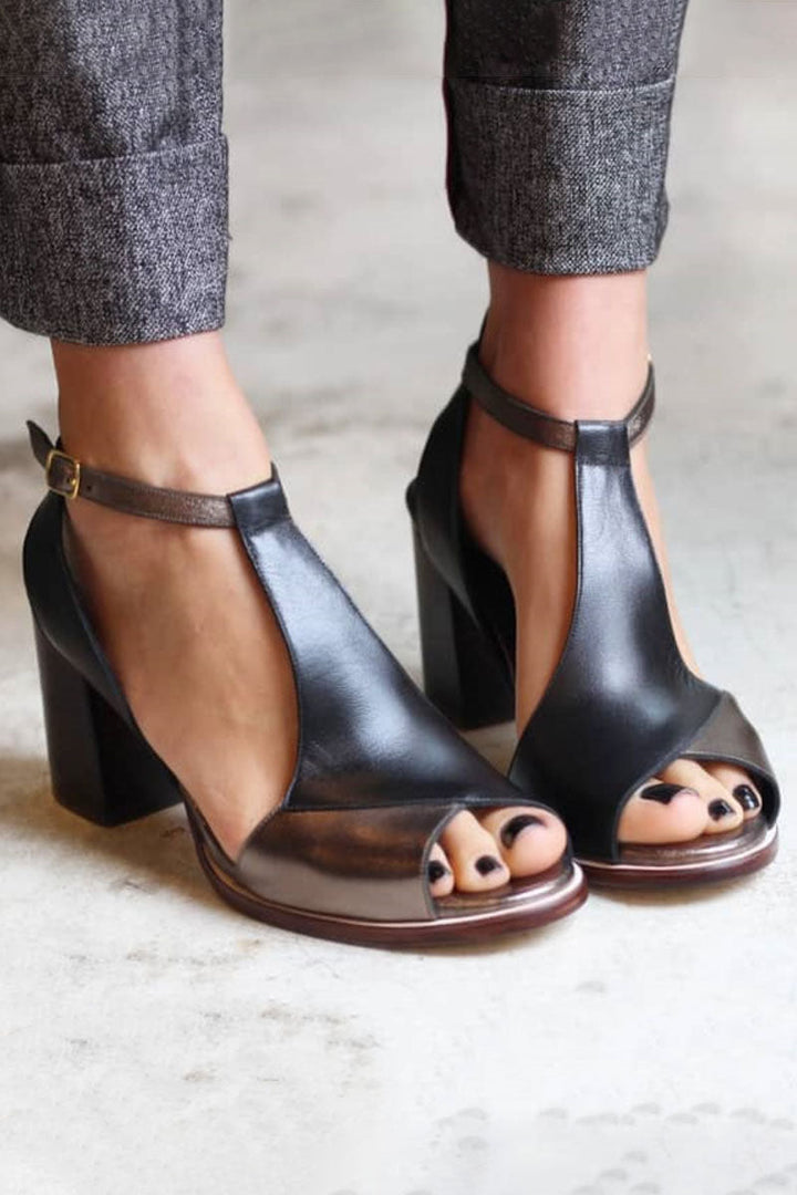 Aurelia™ | Black Patchwork Peep Toe Heels
