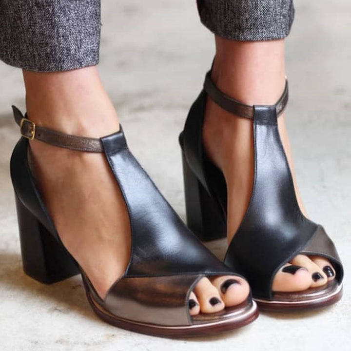 Aurelia™ | Black Patchwork Peep Toe Heels