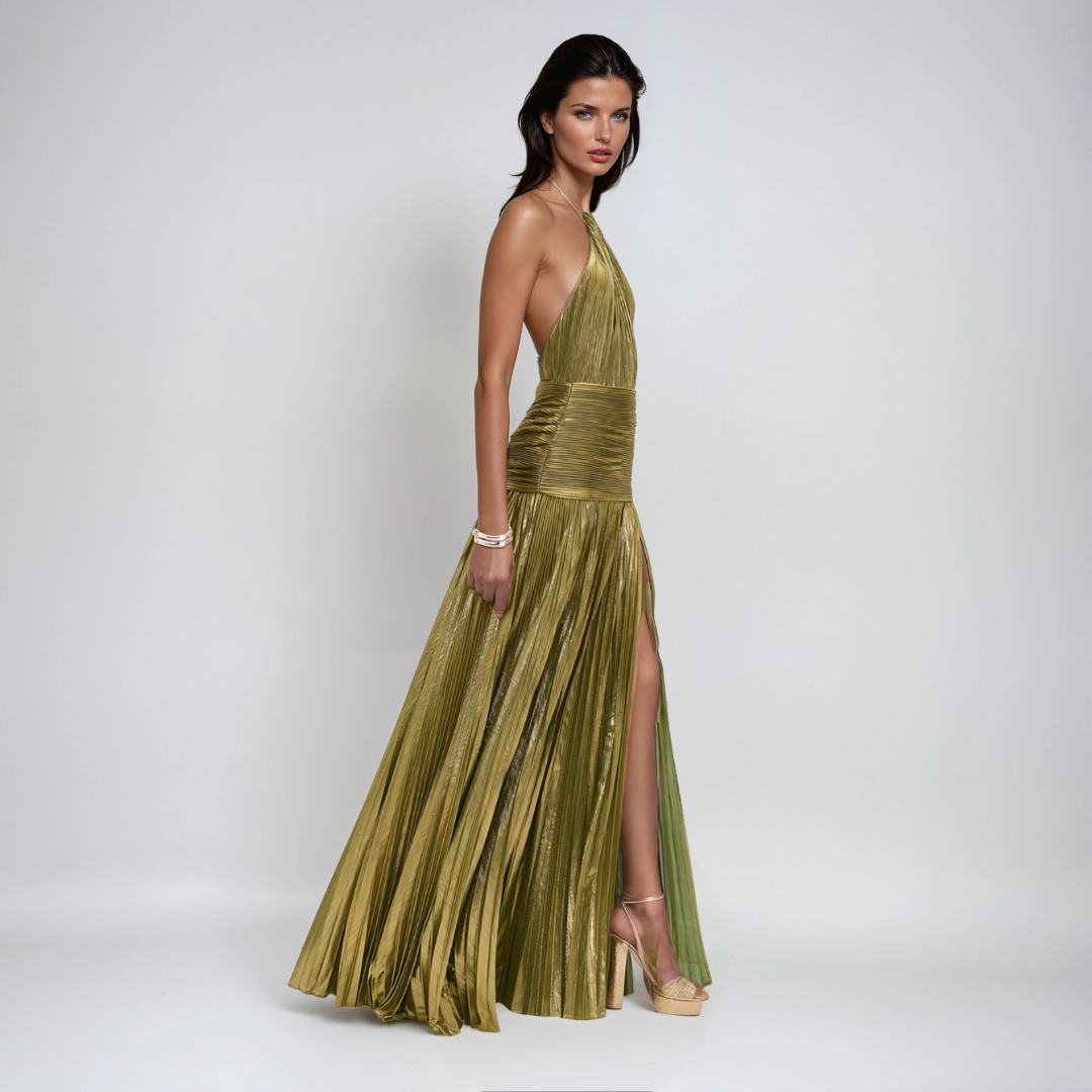 Nefira™ | Elegant Metallic Open-Back Dress
