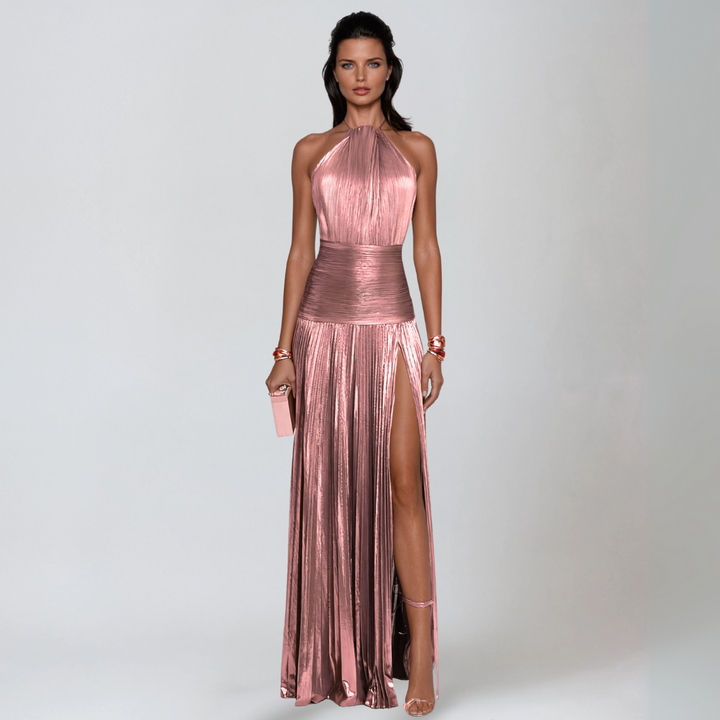Nefira™ | Elegant Metallic Open-Back Dress