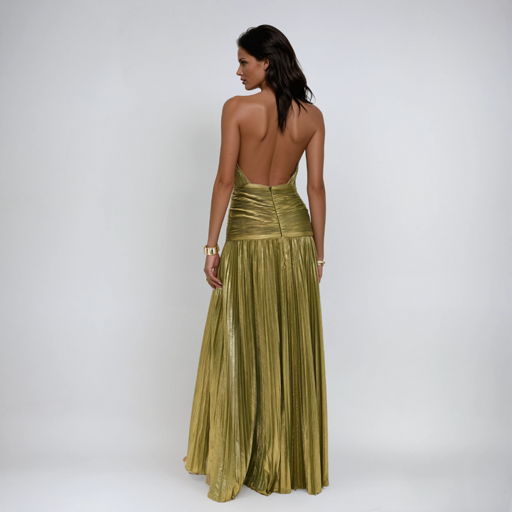 Nefira™ | Elegant Metallic Open-Back Dress