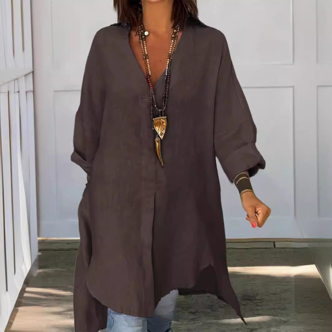 Melis - Chemise d'été en coton et lin avec col en V 