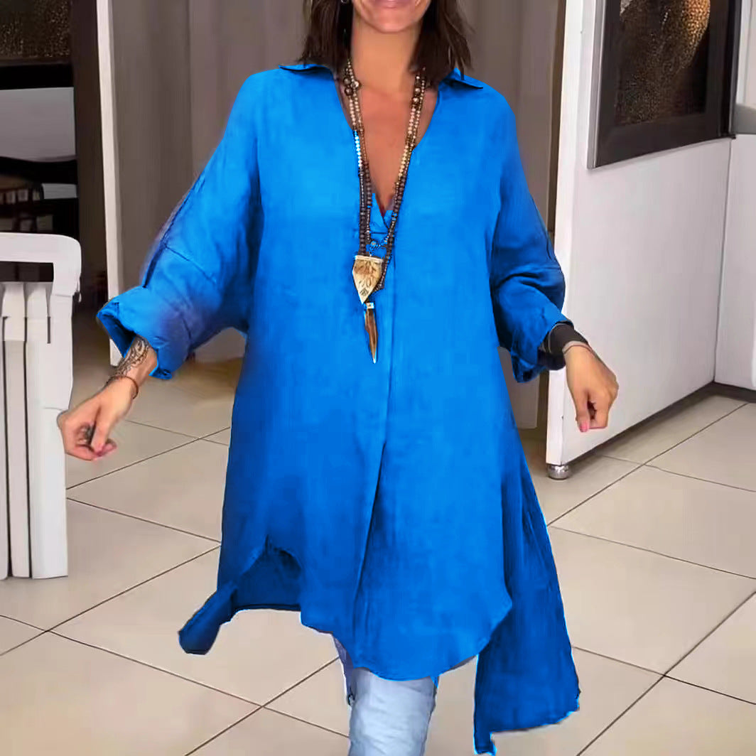 Melis - Chemise d'été en coton et lin avec col en V 