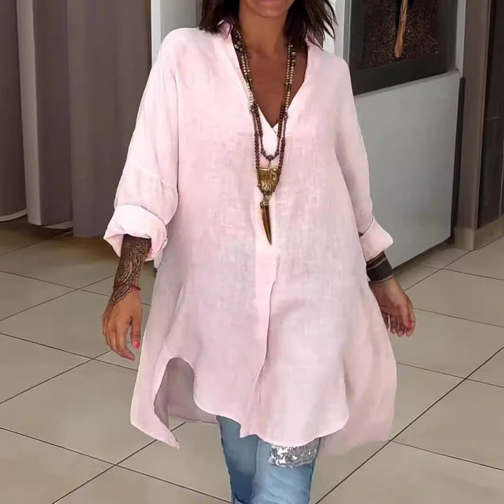 Melis - Chemise d'été en coton et lin avec col en V 