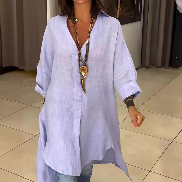 Melis - Chemise d'été en coton et lin avec col en V 
